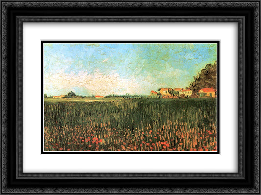 Farmhouses in a Wheat Field Near Arles 24x18 Black Ornate Wood Framed Art Print Poster with Double Matting by Van Gogh, Vincent