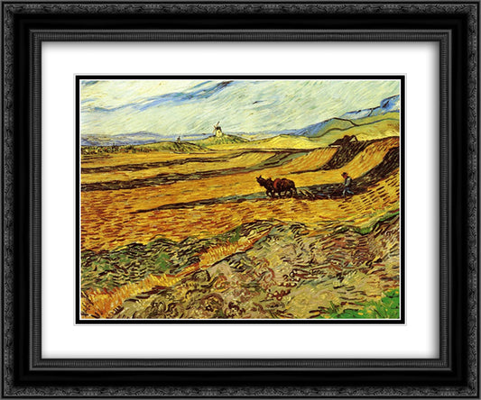 Field and Ploughman and Mill 24x20 Black Ornate Wood Framed Art Print Poster with Double Matting by Van Gogh, Vincent