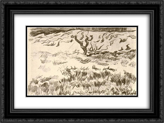 Field with Bare Tree 24x18 Black Ornate Wood Framed Art Print Poster with Double Matting by Van Gogh, Vincent