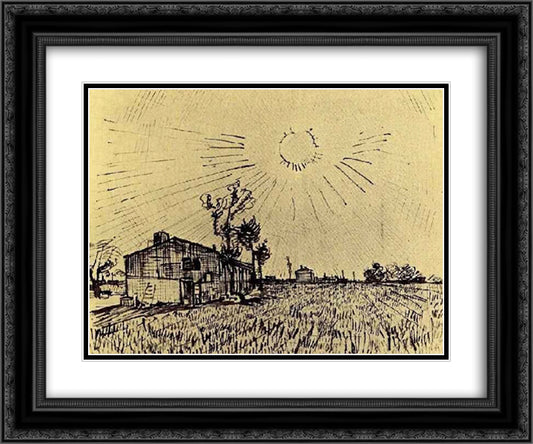 Field with Houses under a Sky with Sun Disk 24x20 Black Ornate Wood Framed Art Print Poster with Double Matting by Van Gogh, Vincent