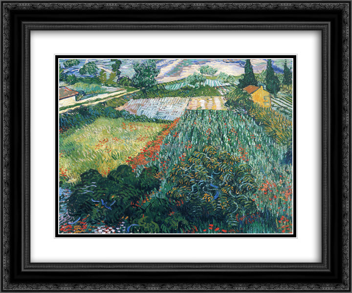 Field with Poppies 24x20 Black Ornate Wood Framed Art Print Poster with Double Matting by Van Gogh, Vincent