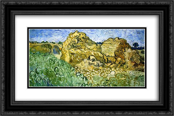 Field with Stacks of Wheat 24x16 Black Ornate Wood Framed Art Print Poster with Double Matting by Van Gogh, Vincent