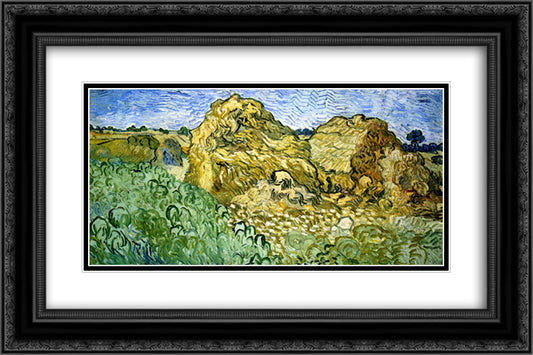 Field with Stacks of Wheat 24x16 Black Ornate Wood Framed Art Print Poster with Double Matting by Van Gogh, Vincent