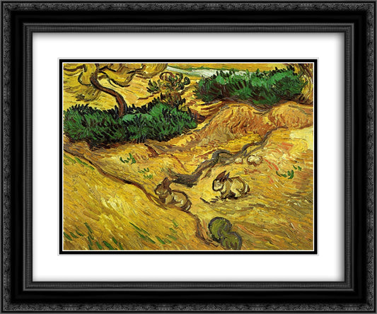Field with Two Rabbits 24x20 Black Ornate Wood Framed Art Print Poster with Double Matting by Van Gogh, Vincent