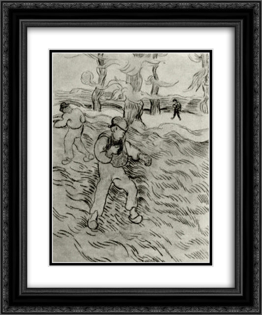 Field with Two Sowers and Trees 20x24 Black Ornate Wood Framed Art Print Poster with Double Matting by Van Gogh, Vincent