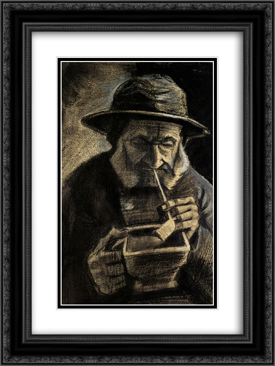 Fisherman with Sou'wester, Pipe and Coal-pan 18x24 Black Ornate Wood Framed Art Print Poster with Double Matting by Van Gogh, Vincent