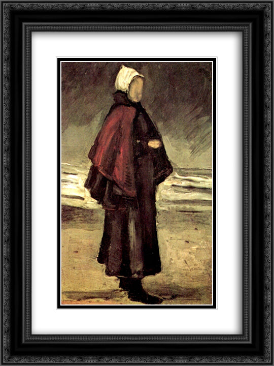 Fisherman's Wife on the Beach 18x24 Black Ornate Wood Framed Art Print Poster with Double Matting by Van Gogh, Vincent