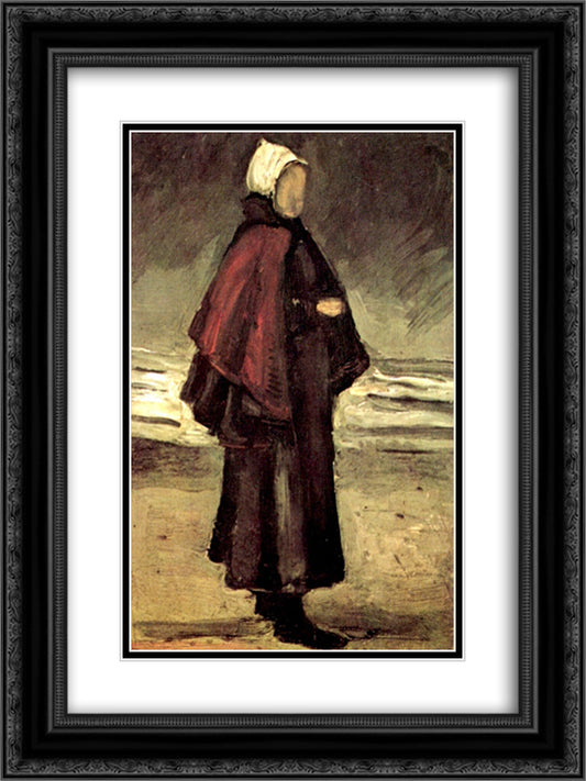 Fisherman's Wife on the Beach 18x24 Black Ornate Wood Framed Art Print Poster with Double Matting by Van Gogh, Vincent