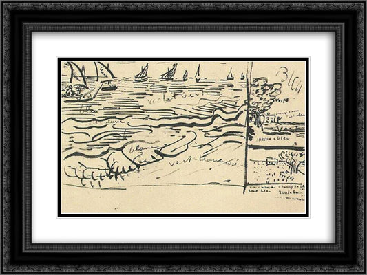 Fishing Boats at Sea 24x18 Black Ornate Wood Framed Art Print Poster with Double Matting by Van Gogh, Vincent