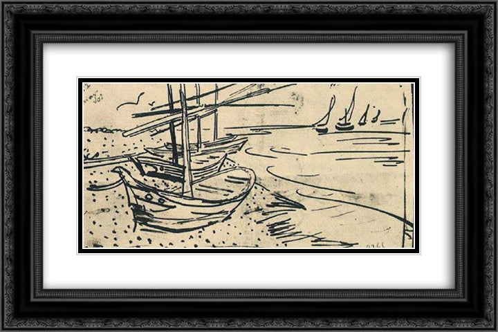 Fishing Boats on the Beach 24x16 Black Ornate Wood Framed Art Print Poster with Double Matting by Van Gogh, Vincent