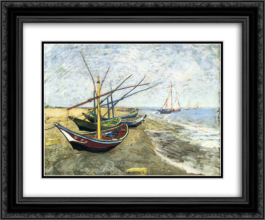 Fishing boats on the Beach at Les Saintes-Maries-de-la-Mer 24x20 Black Ornate Wood Framed Art Print Poster with Double Matting by Van Gogh, Vincent