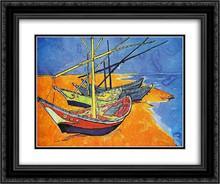 Fishing Boats on the Beach at Saintes-Maries-de-la-Mer 24x20 Black Ornate Wood Framed Art Print Poster with Double Matting by Van Gogh, Vincent