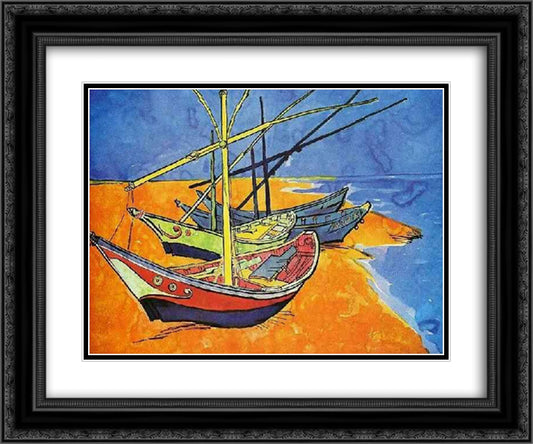 Fishing Boats on the Beach at Saintes-Maries-de-la-Mer 24x20 Black Ornate Wood Framed Art Print Poster with Double Matting by Van Gogh, Vincent