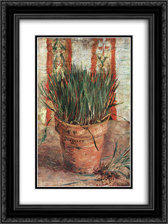 Flowerpot with Chives 18x24 Black Ornate Wood Framed Art Print Poster with Double Matting by Van Gogh, Vincent