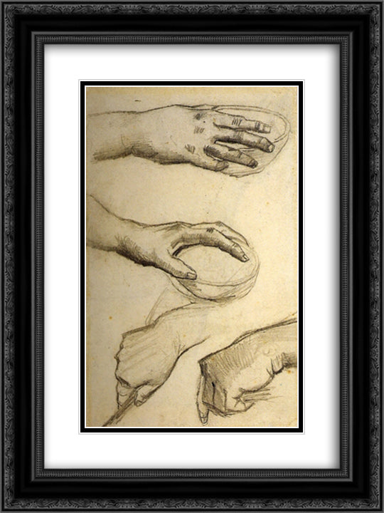 Four Hands, Two Holding Bowls 18x24 Black Ornate Wood Framed Art Print Poster with Double Matting by Van Gogh, Vincent
