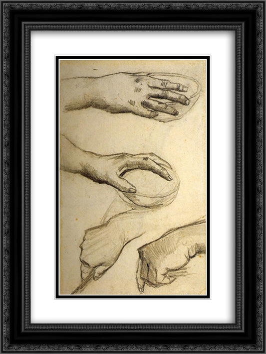Four Hands, Two Holding Bowls 18x24 Black Ornate Wood Framed Art Print Poster with Double Matting by Van Gogh, Vincent