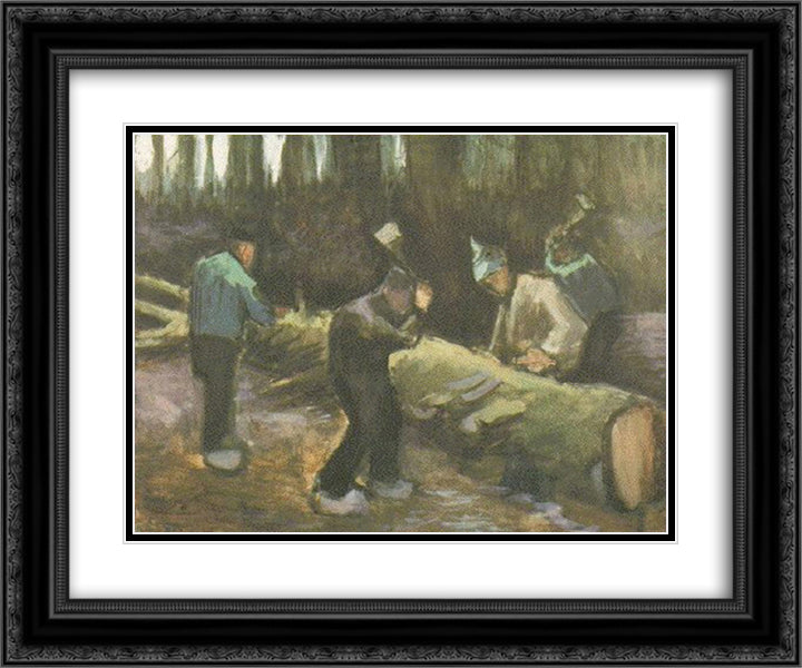 Four Men Cutting Wood 24x20 Black Ornate Wood Framed Art Print Poster with Double Matting by Van Gogh, Vincent