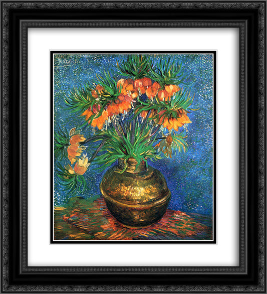 Fritillaries in a Copper Vase 20x22 Black Ornate Wood Framed Art Print Poster with Double Matting by Van Gogh, Vincent