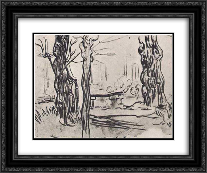 Garden of the Asylum and Tree Trunks and a Stone Bench 24x20 Black Ornate Wood Framed Art Print Poster with Double Matting by Van Gogh, Vincent