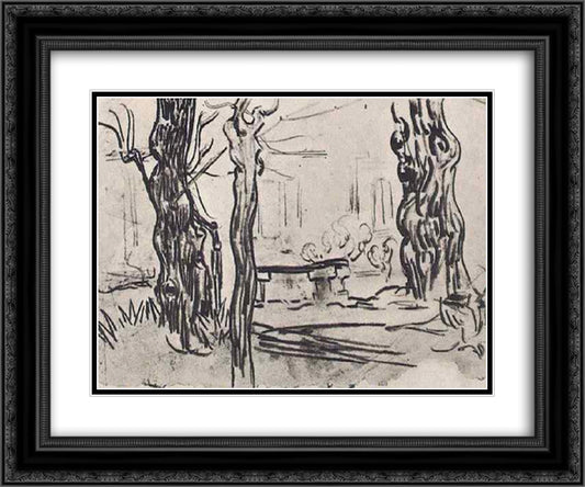 Garden of the Asylum and Tree Trunks and a Stone Bench 24x20 Black Ornate Wood Framed Art Print Poster with Double Matting by Van Gogh, Vincent