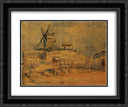 Gardens on Montmartre and the Blute-Fin Windmill 24x20 Black Ornate Wood Framed Art Print Poster with Double Matting by Van Gogh, Vincent