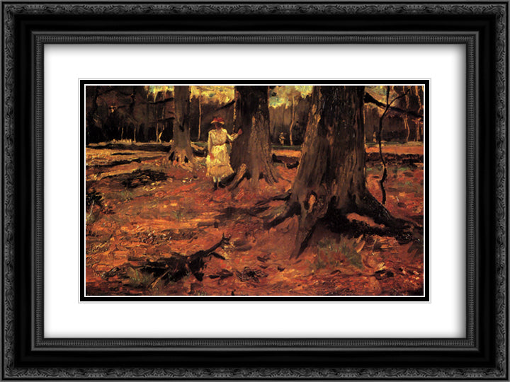 Girl in White in the Woods 24x18 Black Ornate Wood Framed Art Print Poster with Double Matting by Van Gogh, Vincent