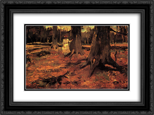 Girl in White in the Woods 24x18 Black Ornate Wood Framed Art Print Poster with Double Matting by Van Gogh, Vincent