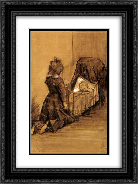 Girl Kneeling by a Cradle 18x24 Black Ornate Wood Framed Art Print Poster with Double Matting by Van Gogh, Vincent