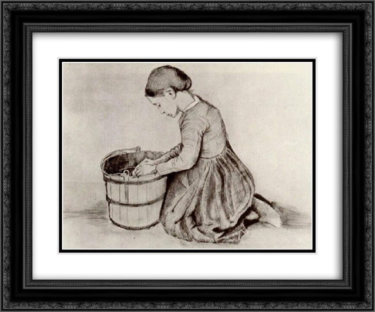 Girl Kneeling in Front of a Bucket 24x20 Black Ornate Wood Framed Art Print Poster with Double Matting by Van Gogh, Vincent