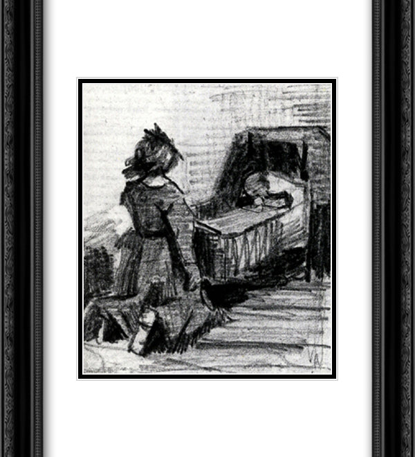 Girl Kneeling in Front of a Cradle 20x22 Black Ornate Wood Framed Art Print Poster with Double Matting by Van Gogh, Vincent