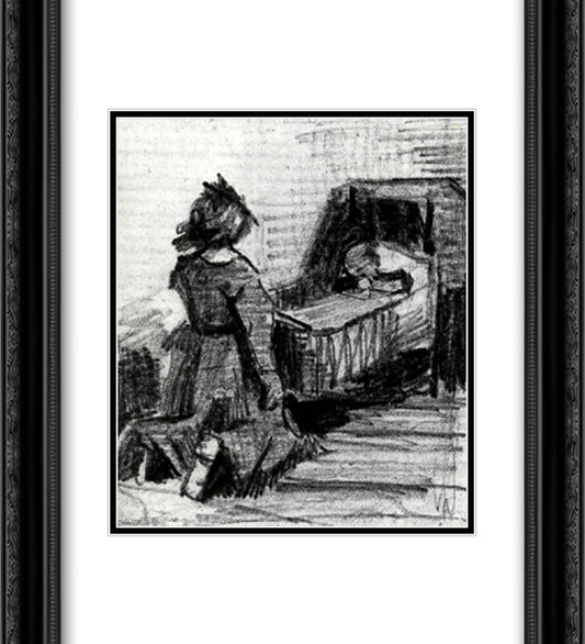 Girl Kneeling in Front of a Cradle 20x22 Black Ornate Wood Framed Art Print Poster with Double Matting by Van Gogh, Vincent