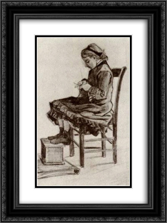 Girl Sitting, Knitting 18x24 Black Ornate Wood Framed Art Print Poster with Double Matting by Van Gogh, Vincent