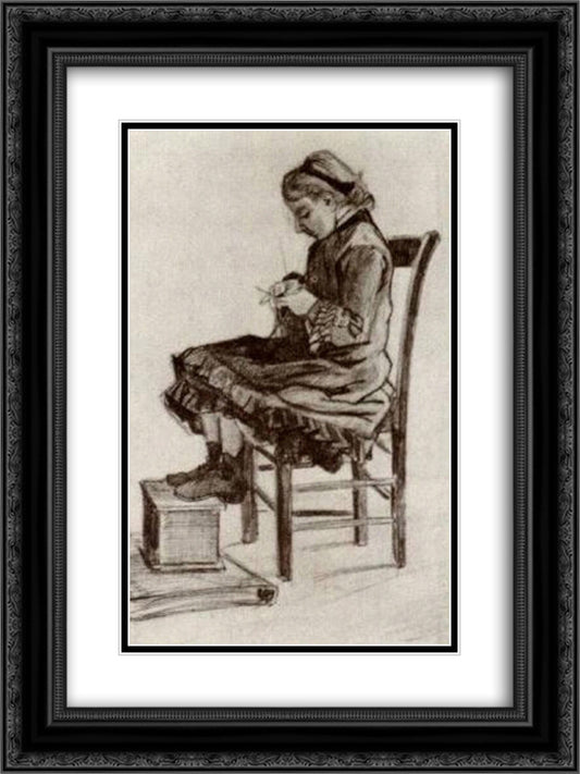 Girl Sitting, Knitting 18x24 Black Ornate Wood Framed Art Print Poster with Double Matting by Van Gogh, Vincent