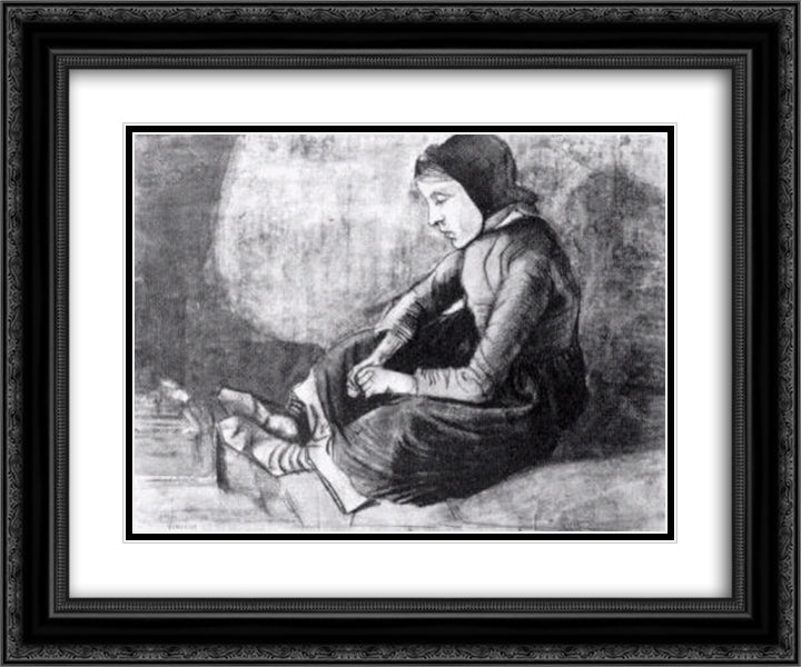Girl with Black Cap Sitting on the Ground 24x20 Black Ornate Wood Framed Art Print Poster with Double Matting by Van Gogh, Vincent
