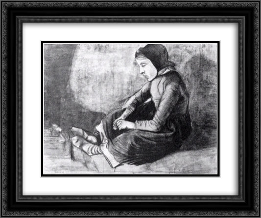 Girl with Black Cap Sitting on the Ground 24x20 Black Ornate Wood Framed Art Print Poster with Double Matting by Van Gogh, Vincent