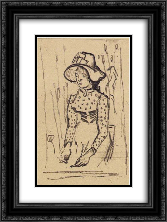 Girl with Straw Hat, Sitting in the Wheat 18x24 Black Ornate Wood Framed Art Print Poster with Double Matting by Van Gogh, Vincent