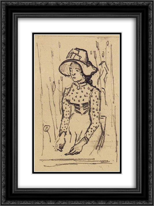 Girl with Straw Hat, Sitting in the Wheat 18x24 Black Ornate Wood Framed Art Print Poster with Double Matting by Van Gogh, Vincent