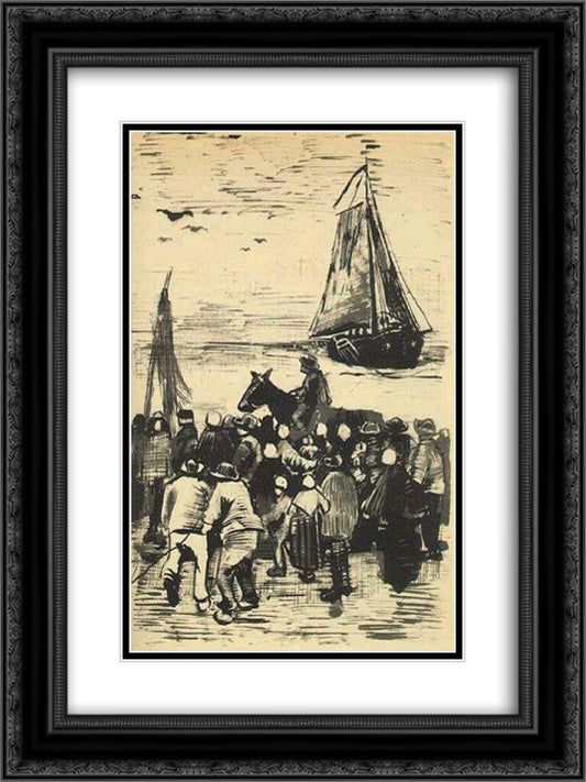 Group of People on the Beach with Fishing Boat Arriving 18x24 Black Ornate Wood Framed Art Print Poster with Double Matting by Van Gogh, Vincent