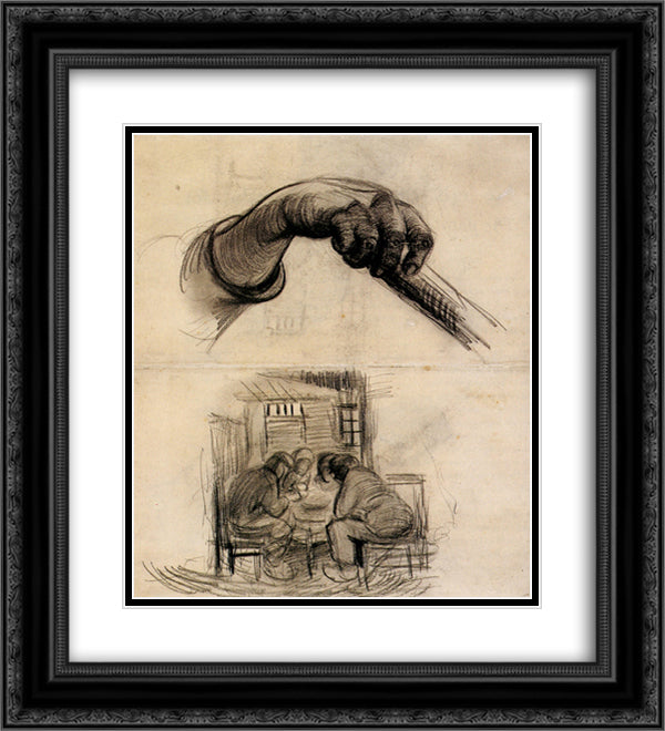 Hand with a Stick, and Four People Sharing a Meal 20x22 Black Ornate Wood Framed Art Print Poster with Double Matting by Van Gogh, Vincent