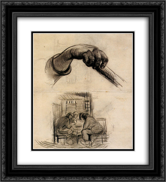 Hand with a Stick, and Four People Sharing a Meal 20x22 Black Ornate Wood Framed Art Print Poster with Double Matting by Van Gogh, Vincent