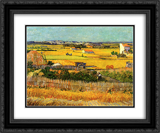 Harvest at La Crau, with Montmajour in the Background 24x20 Black Ornate Wood Framed Art Print Poster with Double Matting by Van Gogh, Vincent