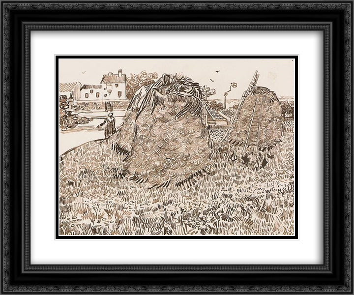 Haystacks near a Farm 24x20 Black Ornate Wood Framed Art Print Poster with Double Matting by Van Gogh, Vincent