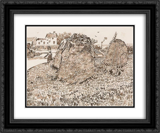 Haystacks near a Farm 24x20 Black Ornate Wood Framed Art Print Poster with Double Matting by Van Gogh, Vincent