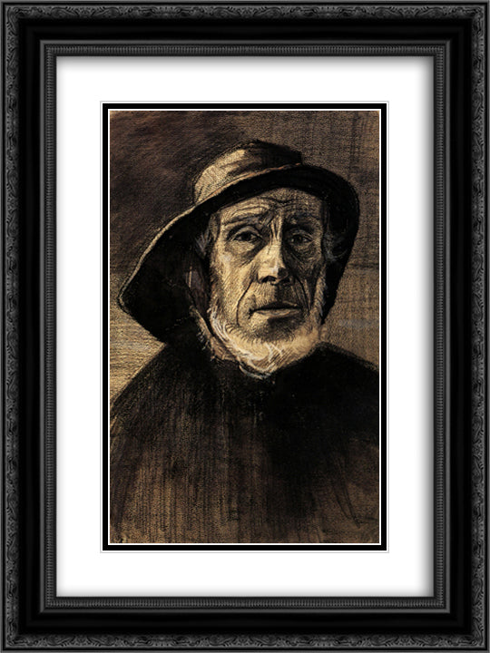 Head of a Fisherman with a Fringe of Beard and a Sou'wester 18x24 Black Ornate Wood Framed Art Print Poster with Double Matting by Van Gogh, Vincent