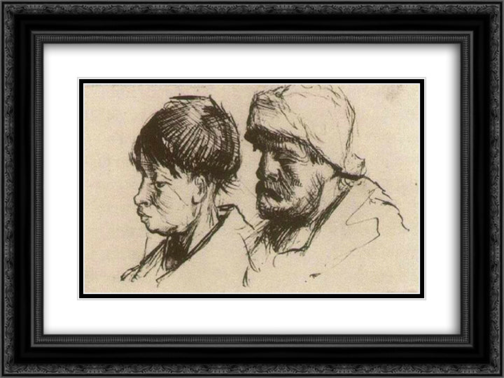 Head of a Girl, Bareheaded, and Head of a Man with Beard and Cap 24x18 Black Ornate Wood Framed Art Print Poster with Double Matting by Van Gogh, Vincent