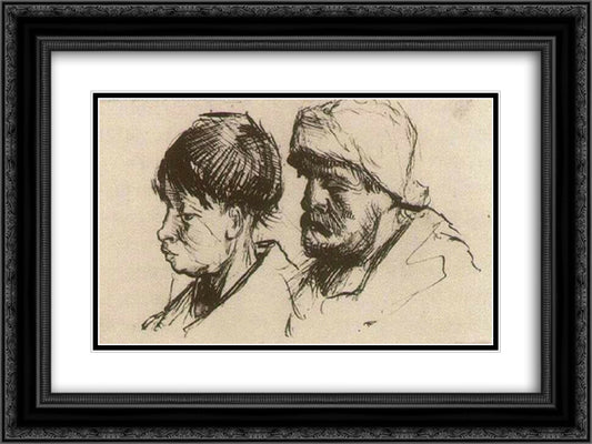 Head of a Girl, Bareheaded, and Head of a Man with Beard and Cap 24x18 Black Ornate Wood Framed Art Print Poster with Double Matting by Van Gogh, Vincent