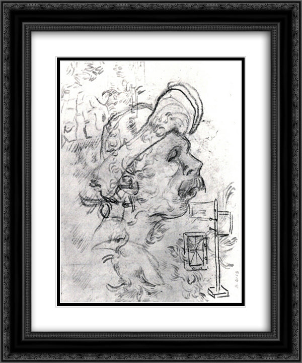 Head of a Man with a Hat, a Perspective Frame, and Other Sketches 20x24 Black Ornate Wood Framed Art Print Poster with Double Matting by Van Gogh, Vincent