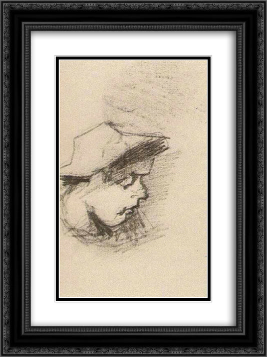 Head of a Man with Straw Hat 18x24 Black Ornate Wood Framed Art Print Poster with Double Matting by Van Gogh, Vincent