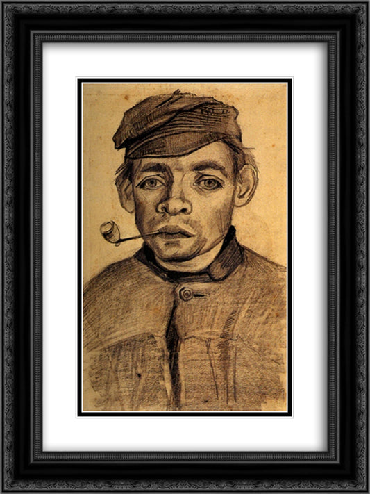 Head of a Young Man with a Pipe 18x24 Black Ornate Wood Framed Art Print Poster with Double Matting by Van Gogh, Vincent