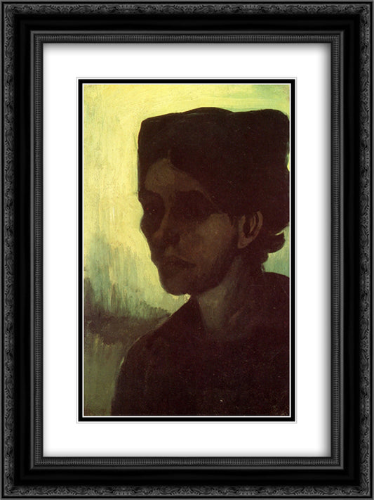 Head of a Young Peasant Woman with Dark Cap 18x24 Black Ornate Wood Framed Art Print Poster with Double Matting by Van Gogh, Vincent